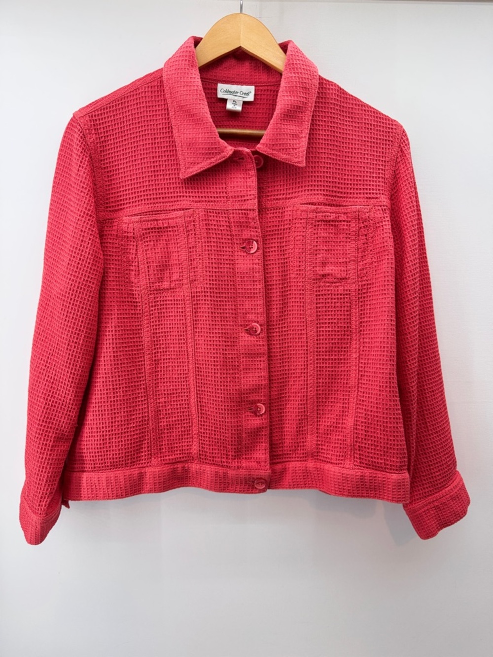 Coldwater Creek Cotton Waffle Knit Trucker Jacket Petite Large Bright Coral Pink